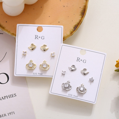 Sterling Silver Needle Micro Inlaid Zircon Short Earrings Short Hair Earrings Japanese and Korean Temperamental All-Match Minimalist Three-Piece Set Stud Earrings for Women