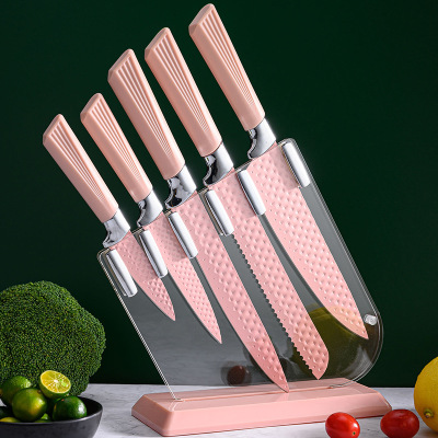 Diamond Pattern Knife Set Color Knife Pink Suit 6-Piece Knife Set with Knife Holder 6-Piece Macaron Kitchen
