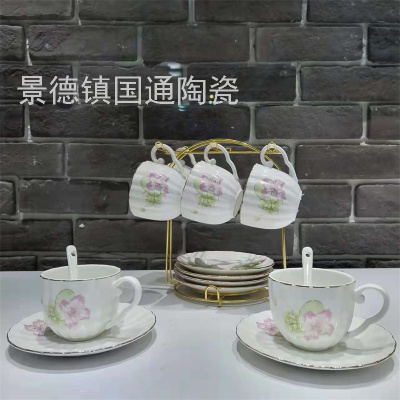 Jingdezhen Gold-Plated Ceramic Cup 6 Cups 6 Plates Color Small Coffee Cup Breakfast Cup Mug Gift Cup and Saucer Set