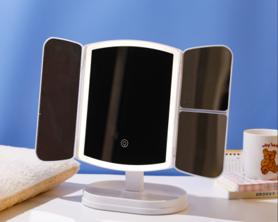 Desktop Vanity Mirror Beauty Desktop Smart 3-Fold Folding Portable Shell Mirror with Light Fill Makeup Mirror