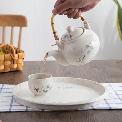 Snowflake Underglaze Japanese and Korean Ceramic Tea Set Household Minimalist Loop-Handled Teapot a Pot of 6 Cups with Tea Tray