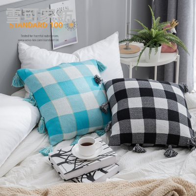 Back Cushion Minai Cotton Knitted Jacquard Plaid Tassel Pillow and Cushion Cover Ins Cushion Amazon Home Life