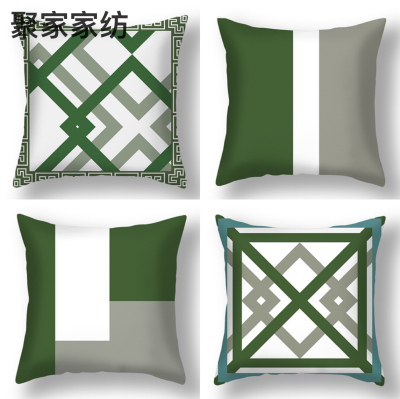 Light Luxury Green Short Plush Couch Pillow Dark Green Geometric Pattern Pillow Bedside Cushion Pillow Cover H