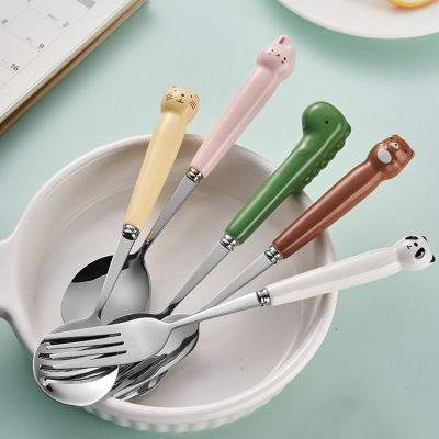304 Stainless Steel Cartoon Cute Pet Tableware Spoon Fork Cute Dinosaur Pink Rabbit Children Household Eating Small Spoon