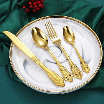 Retro Court 304 Stainless Steel Knife, Fork and Spoon Western European Classical Style Western Food/Steak Knife and Fork Gold-Plated Embossed Spoon