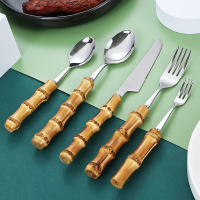 Natural Bamboo Handle Tableware Western Food/Steak Knife Fork Spoon Creative Cake Dessert Spoon and Fork Set Factory Direct Sales