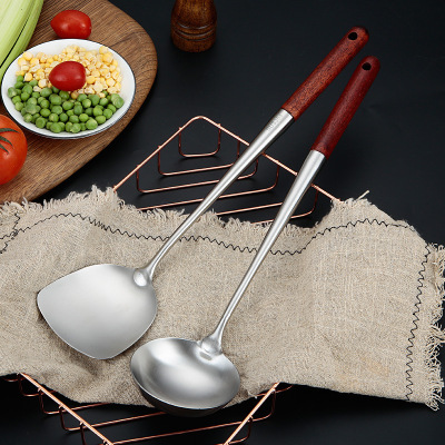 304 Stainless Steel Wooden Handle Sanding Soup Spoon and Spatula Kitchen Long Handle Thickened Spatula Household Sheng Soup Spoon