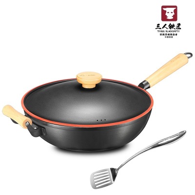 Three-Person Blacksmith Cast Iron Wok Physical Non-Stick Pan Non-Coated Induction Cooker Frying Pan for Household Gas Stove