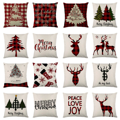 Christmas Printed Pillowcase Plaid Linen Pillow Cover Holiday Home Decoration Gift Sofa Cushion Cushion Cover