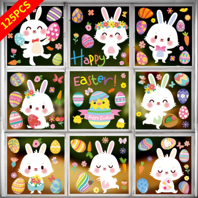 2022 Cross-Border Easter Rabbit Egg Decoration Wall Stickers Shopping Mall Store Window Layout Double-Sided Electrostatic Stickers