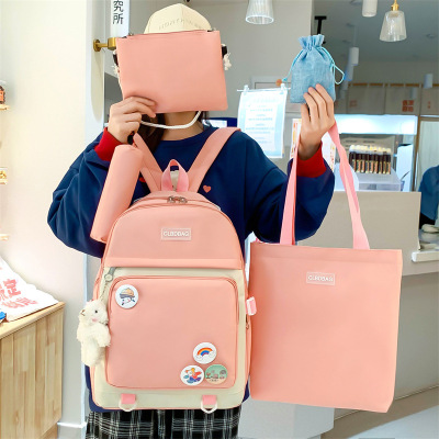 Foreign Trade Wholesale Simple Female Middle School Student Schoolbag Lightweight Five-Piece College Student Casual Backpack One Piece Dropshipping