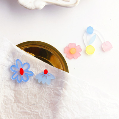 Japanese Style New Summer Acrylic-Based Resin Flower Blue Flower Asymmetric Earrings Earring Material Accessories