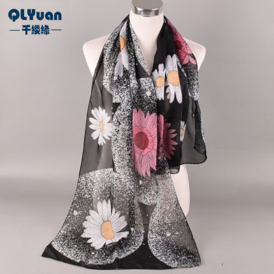 19 Autumn and Winter New Classic European and American Windmill Flower Chiffon Printed Silk Scarf Wholesale Yiwu Ladies Long Small Gauze Kerchief