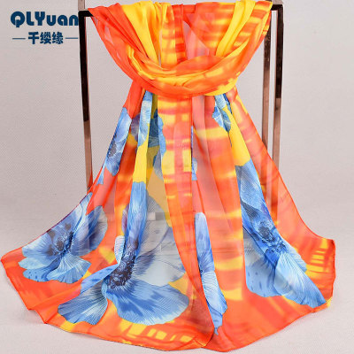 Origin Supply 2019 New Versatile European and American Style Two-Tone Large Floral Long Chiffon Printed Silk Scarf Wholesale
