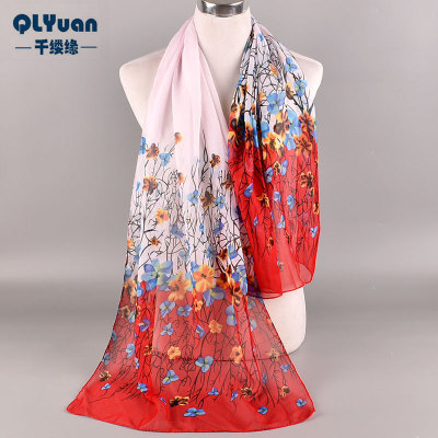 2020 New Gradient Floral Chiffon Printed Scarves Wholesale Cross-Border Supply Yiwu Women's Long Small Gauze Kerchief