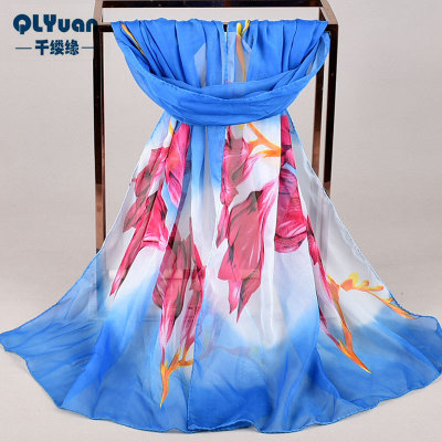 2019 New Cross-Border Gradient Color Lily Chiffon Printed Silk Scarves Wholesale Yiwu Long Small Gauze Kerchief
