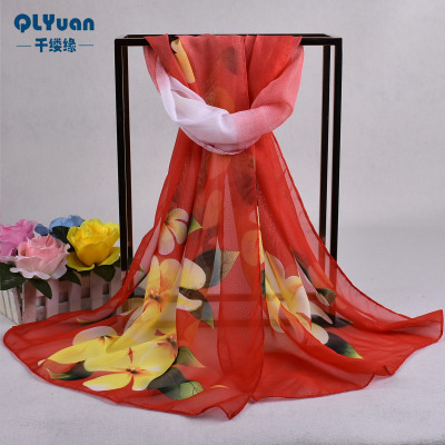 Fresh Floral Long Chiffon Printed Women's Scarves Wholesale Spring and Summer Hot Sale New Pattern Print Small Gauze Kerchief