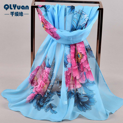 Spring and Autumn New Peony Flower Women's Printed Chiffon Scarf Wholesale Stall Scarf Small Gauze Kerchief