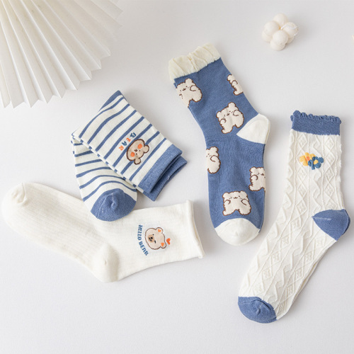 Special-Interest Design Korean Style Blue and White Mid-Calf Socks Cotton New Girl Bear Striped Cotton Socks Ins Fashion Women‘s Socks