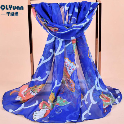 New Chiffon Printed Scarf Women's Long Butterfly Floral Small Sunscreen Scarf Printed Scarf