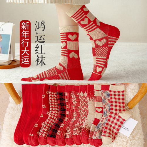 Winter Tiger Year New Year Socks New Year Festive Red Socks Lucky Mid-Calf Socks Women Plaid red Socks