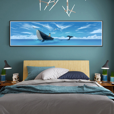 Children's Fun Hand-Painted Style Blue Whale Children's Bedroom Decorative Painting Cozy Room Banner Bedside Decorative Painting Wall Painting