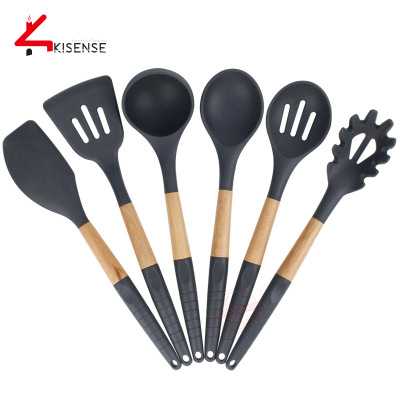 Wooden Handle Silicone Cookware Non-Stick Pan Set Kitchenware Cooking Silicon Suit 6-Piece Kitchen Supplies Printable Logo
