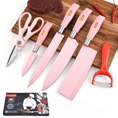 Factory Wholesale Gift Knife Set 638 Pink Handle Pink 4 Knife with Scissors Set Kitchen Peeling Six-Piece Knife Set