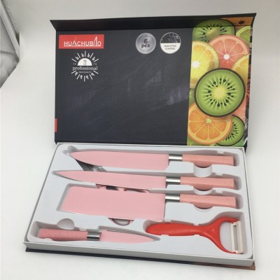 Factory Wholesale Gift Knife Set Pink Handle Pink 4 Knife with Scissors Set Kitchen Peeling Six-Piece Knife Set