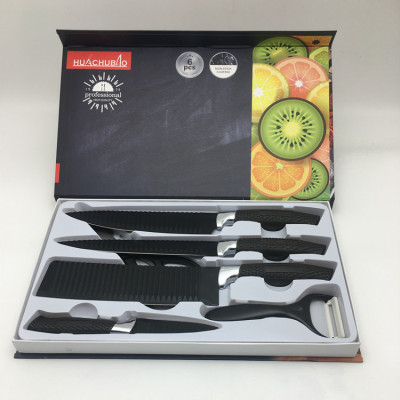 Factory Wholesale Stainless Steel Kitchen Knives Set 6 Pieces Black Tie Pattern Cutter with Peeler Kitchen Scissors