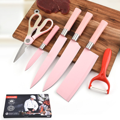 Factory Wholesale Gift 639 Pink 4 Knife With Scissors Non-Stick Kitchen Knife Set Household Kitchen Knife Six-Piece Set