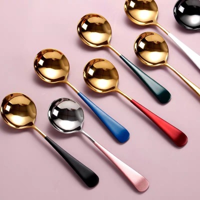 304 Stainless Steel Mesh Red Spoon Titanium-Plated Soup Spoon Creative Spoon Soup Spoon Household Tableware round Head Spoon Factory Wholesale