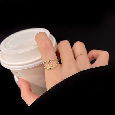 Korean Net Red Wind Geometric Ring Set Open Double Layer Zircon Ring Women's Design Simple Temperament Index Finger Ring