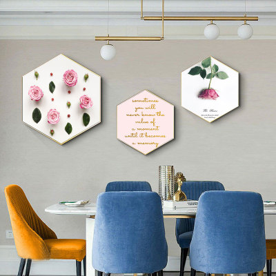 Rose Flower Pattern Shaped Creative Hexagonal Dining Room/Living Room Background Wall Canvas Hanging Painting Bedroom Oil Painting Decoration