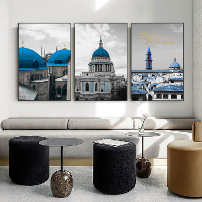 Hot Sale Industrial Style Black and White City Architecture Landscape Photography Blue Green Car Living Room Background Wall Decoration Canvas Painting