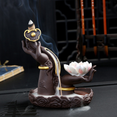 Creative Purple Sand Ruyi Buddha Hand Ceramic Flowback Incense Burner Crafts Sandalwood Agarwood Office Incense Burner Zen Ornament