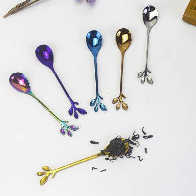 Factory in Stock Creative Coffee Stir Spoon Stainless Steel Mori Style Fresh Leaf Spoon Wedding Gift with Hand Gift