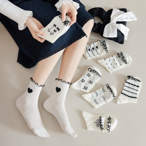 Spring and Summer White Thin Hollow Preppy Style Socks Women‘s Mid-Calf Socks Japanese Cute Lace Socks Lolita Women‘s Socks