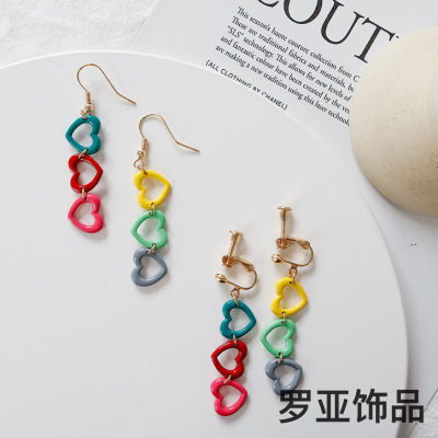 Korean Style Love Heart Earrings Sweet Colorful Long Earrings Hollow out Girl Ear Hook Temperament Rainbow Ear Clip