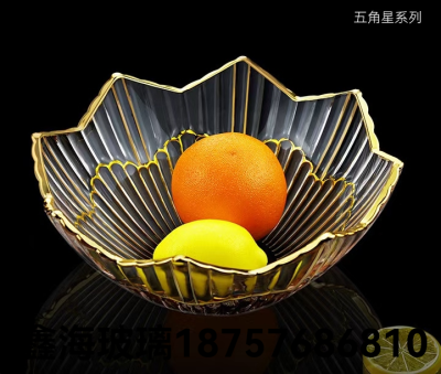 Glass Fruit Plate Gold Rim Fruit Plate Glass High-Grade Luxury Gold Drawing Line Glass Fruit Bucket