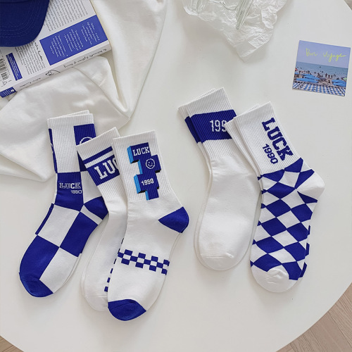 INS Fashionable Plaid Smiley Face Printing Tube Socks Korean Style Klein Blue Number Casual Cotton Socks Sweat-Absorbent Breathable Socks