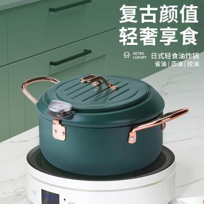 304 Stainless Steel Japanese Style Tempura Deep Frying Pan Thermometer with Lid with Strainer Household Gas Induction Cooker Universal