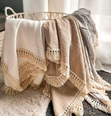 INS Baby Double-Layer Gauze Tassel Cover Blanket Baby Muslin Cotton Windproof Shawl Hug Blanket Bath Towel for Children
