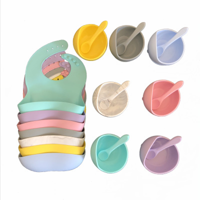 Spot Amazon Silicone Baby Feeding Tableware Set Children's Eating Waterproof Bib Silicone Bowl Spoon 3-Piece Set