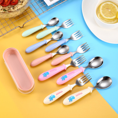 304 Stainless Steel Children's Tableware Portable Set Baby Food Supplement Feeding Spoon Fork 2-Piece Set Kindergarten Gift