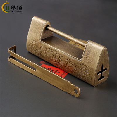 In Chinese Antique Style Pure Copper Lateral Opening Padlock Vintage Lock Head Vintage Carved All Copper Ancient Horizontal Latch Lock Wooden Box Lock