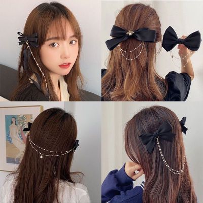 Korean Version of Chanel's Style Bow Barrettes Fairy Temperamental Pearl Edge Clip Long Ribbon Tassel Hairpin Internet Celebrity Hair Accessories