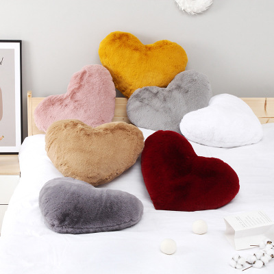 INS Heart-Shaped Pink Couch Pillow Car Peach Heart Pillow Bedside Love Cushion Imitation Rabbit Fur Pillow Cover