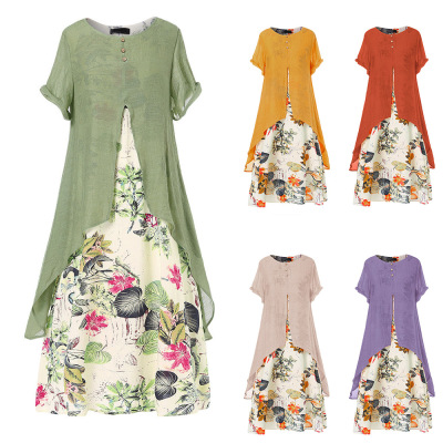 Dress Elegant Advanced Amazon EBay Cotton and Linen Floral Dress Large Size Women's round Neck Swing Dress