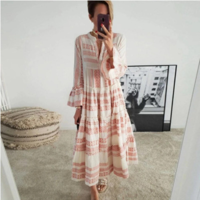 2022 Cross-Border European and American Spring and Summer New Women's Dress Hot Selling Geometric Printed V-neck Long Dress Holiday Beach Dress